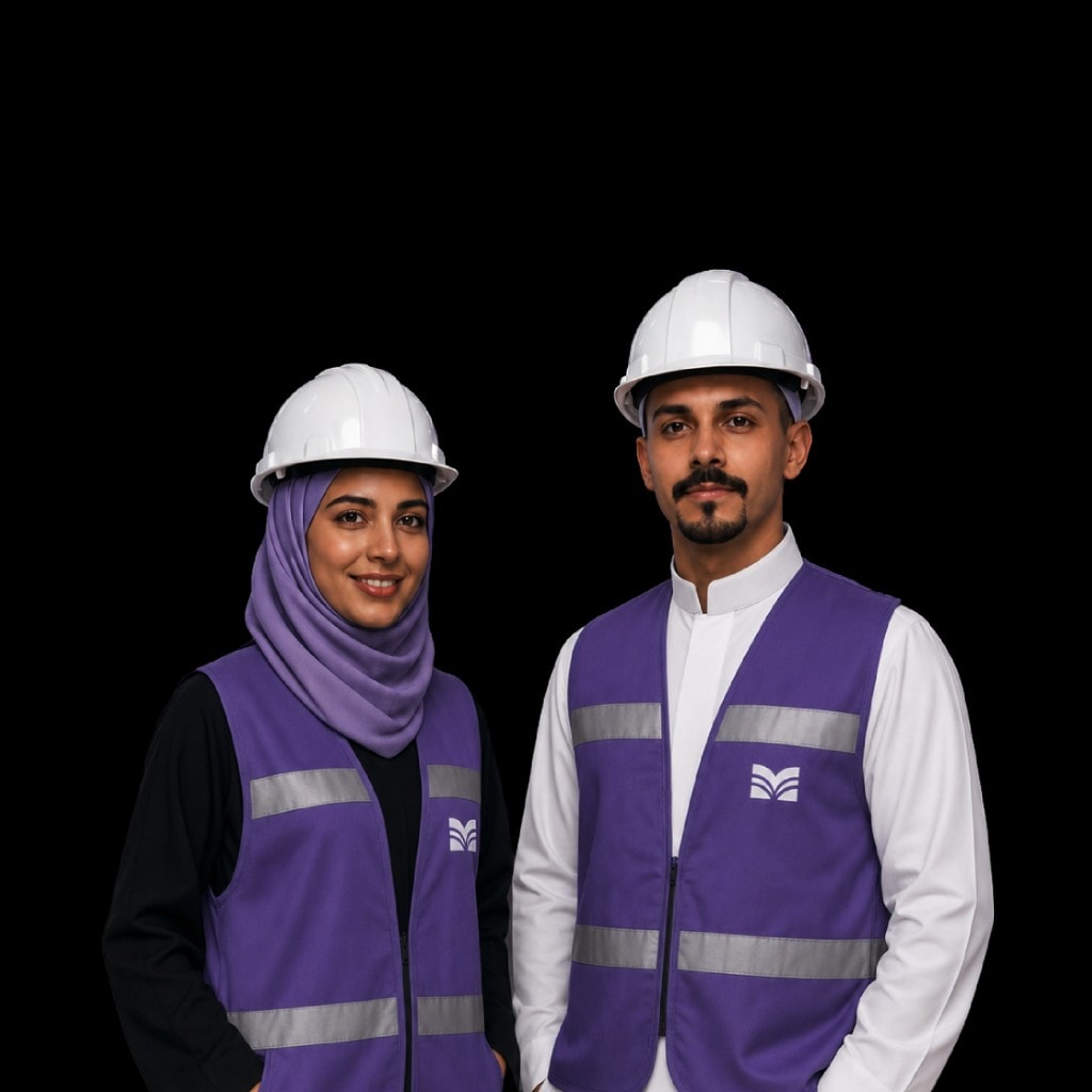Two IMRT trainees in institute safety vests and helmets.